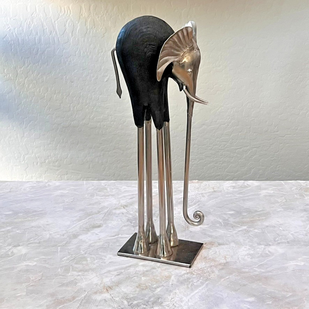 Metal & Wood Welded Elephant Figurine Statue 15" Tall